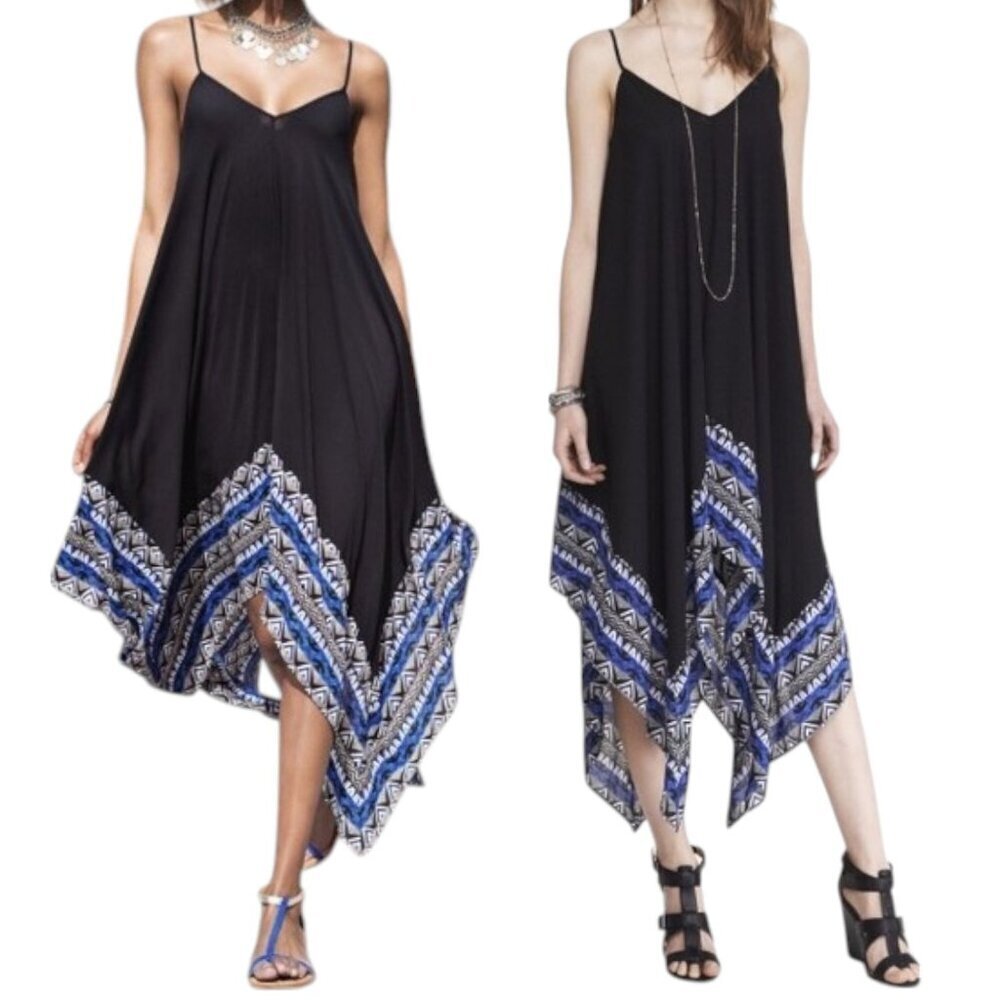 Express Handkerchief Slip Swing Midi Dress Black Blue Trim Boho Beachy Size XS